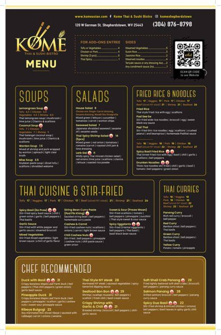 Kome Thai & Sushi Bistro 120 W German St, Shepherdstown, WV 25443, USA
