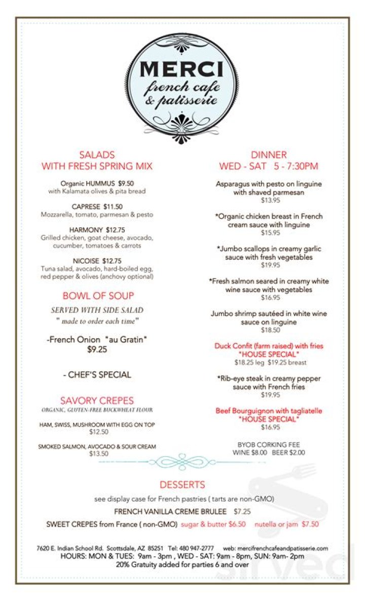 Merci French Cafe menu in Scottsdale, Arizona, USA