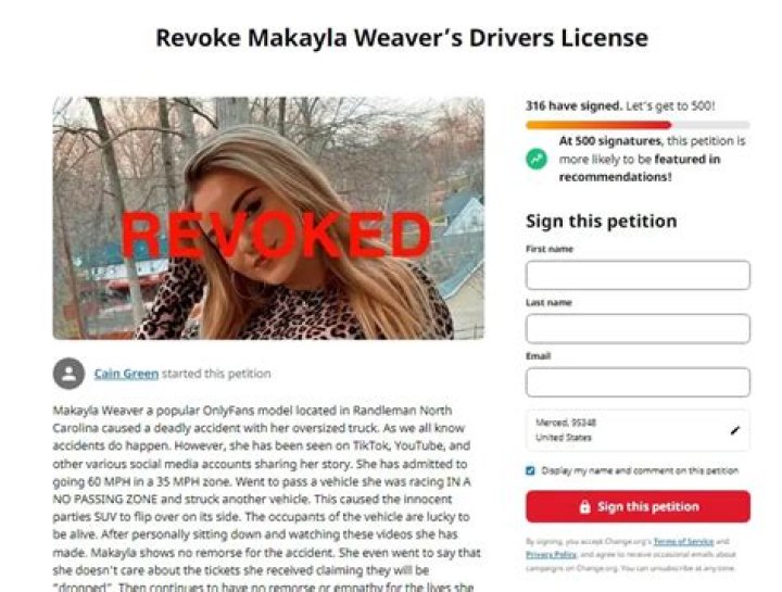Petition · Revoke Makayla Weaver’s Drivers License ·